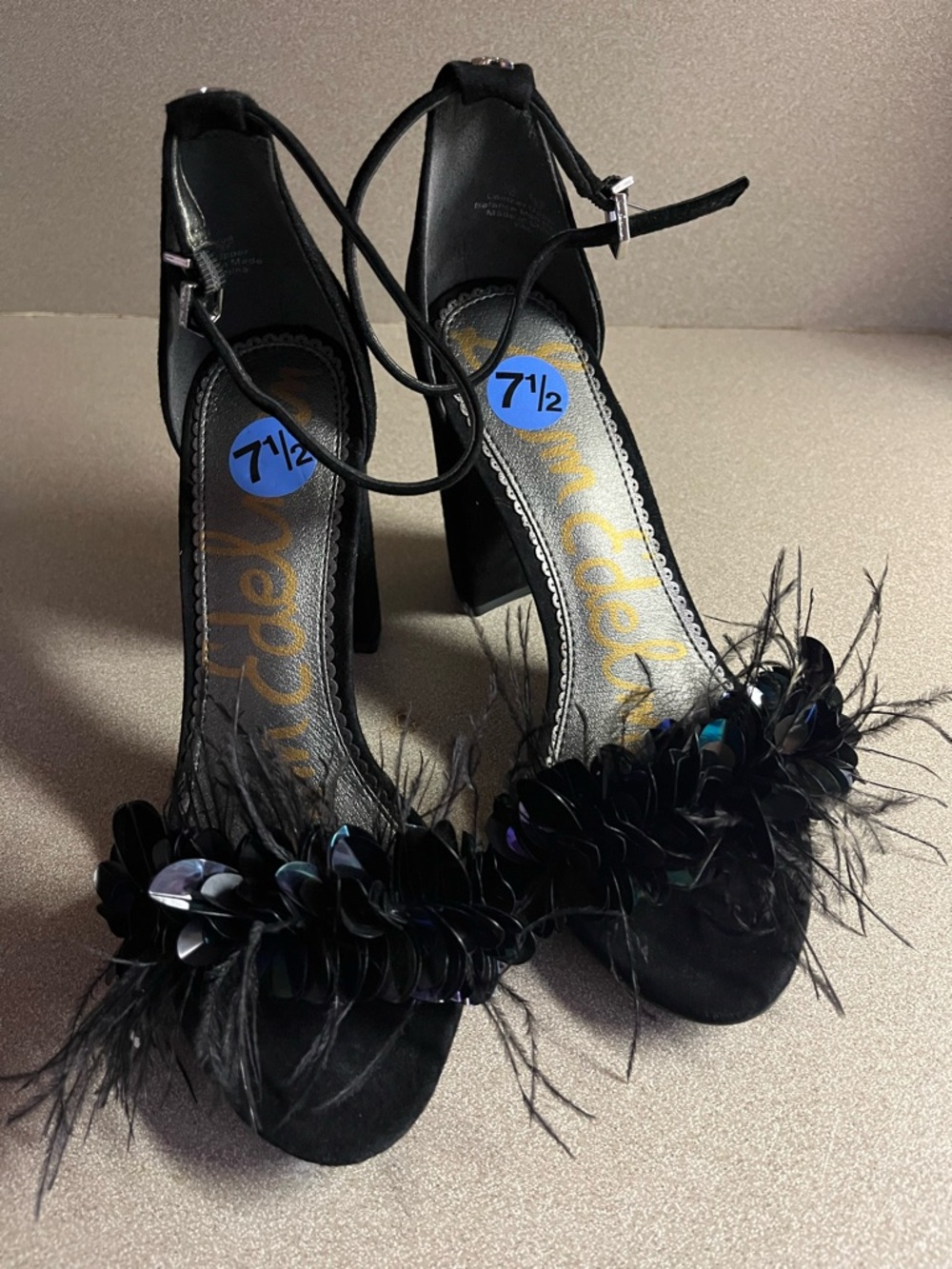 Sam Edelman Black Feather & Sequin Ankle-Strap Heels
